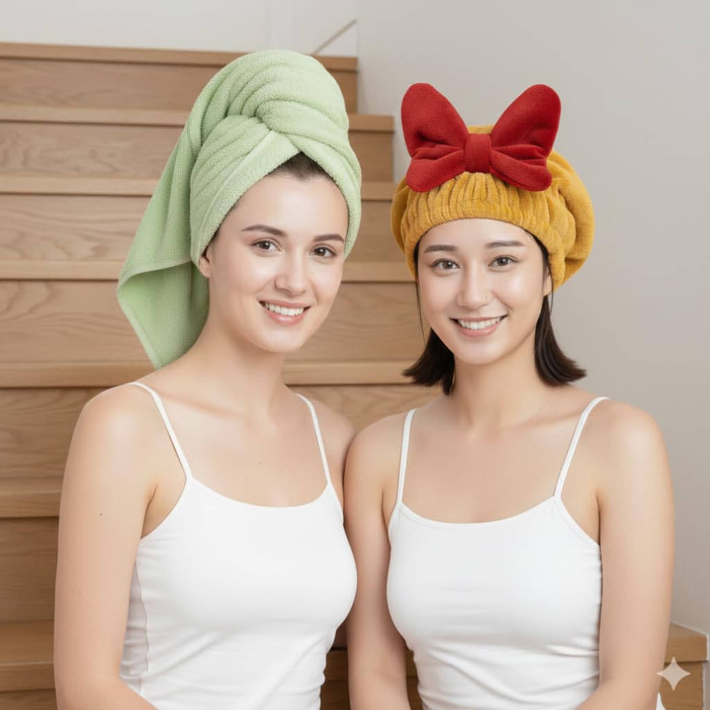 Super Absorbent Microfiber Hair Drying Cap Pack of 2 | Quick Dry Hair Towel Cap for Women, Kids & Long Hair
