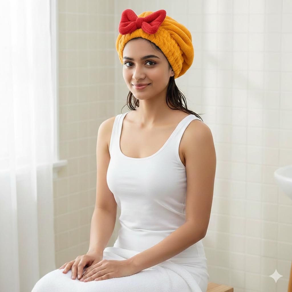 BV Lifestyle Super Absorbent Microfiber Hair Dry Cap for Women & Girls | Quick Dry Hair Towel Wrap | Anti-Frizz Hair Drying Towel Cap (Gold Yellow)