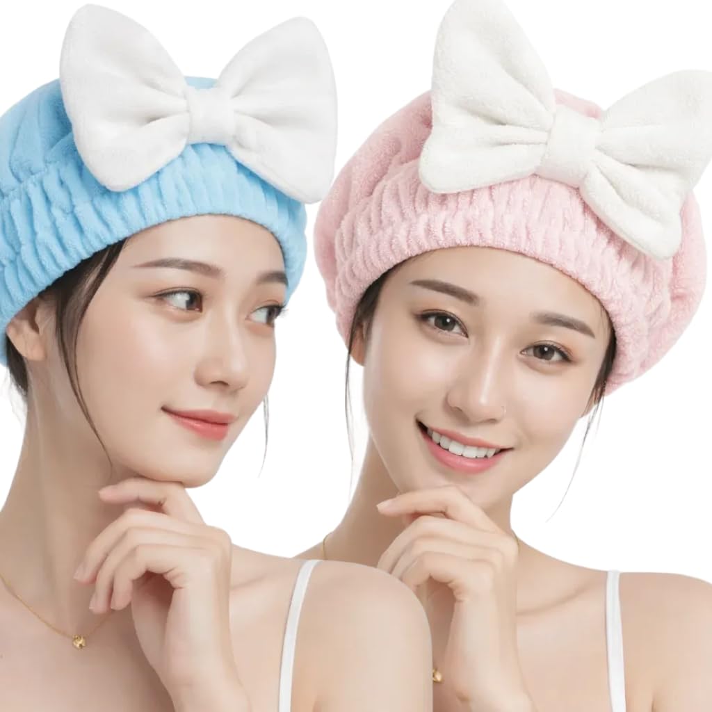 Microfiber Hair Drying Towel & Hair Drying Cap Combo Pack of 2 | Super Absorbent Quick Dry Hair Wrap & Hair Towel Cap for Women & Kids