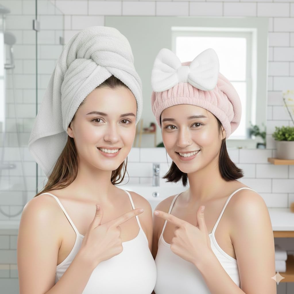 Super Absorbent Microfiber Hair Drying Cap Pack of 2 | Quick Dry Hair Towel Cap for Women, Kids & Long Hair