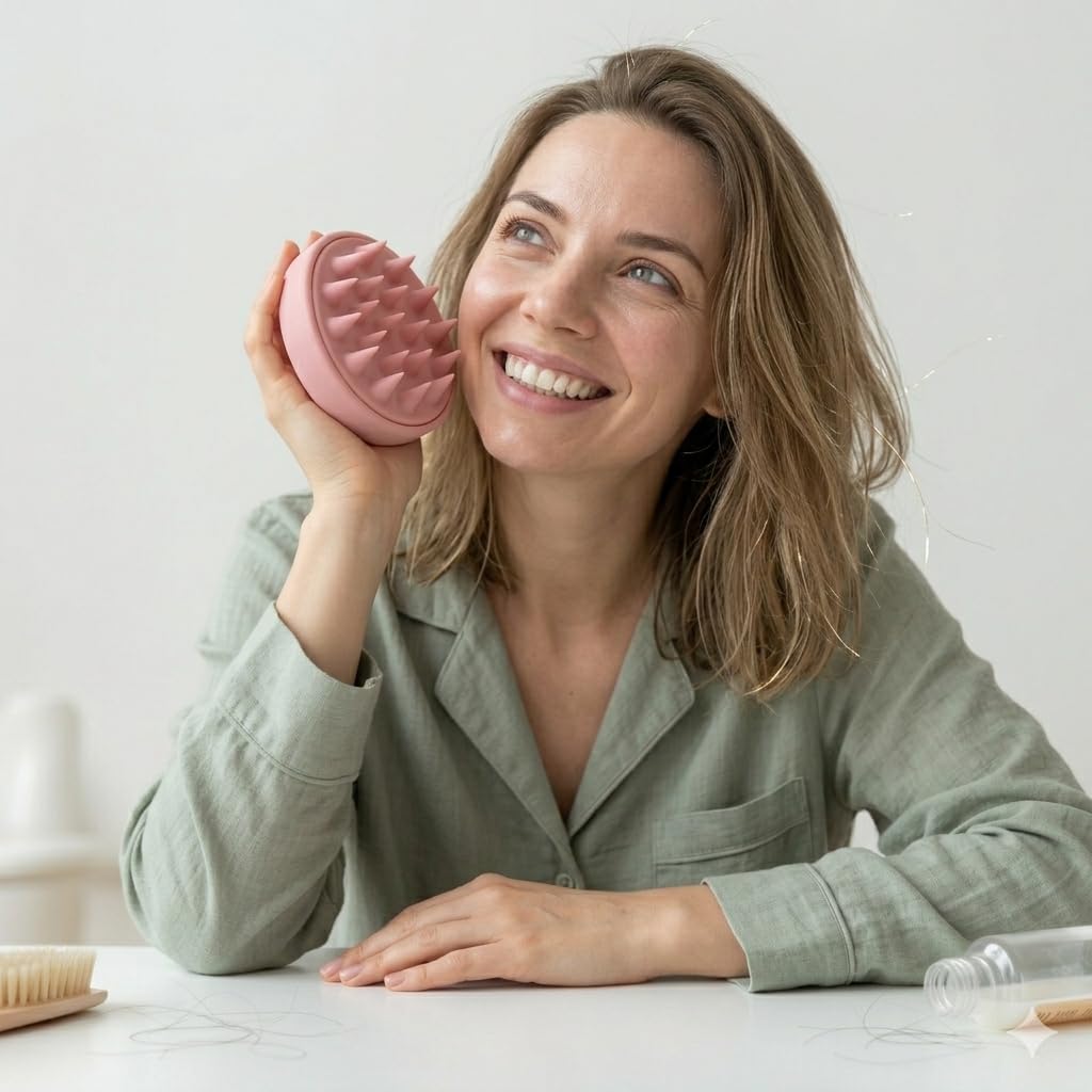 Silicone Scalp Massager Brush with Soft Pink Bristles