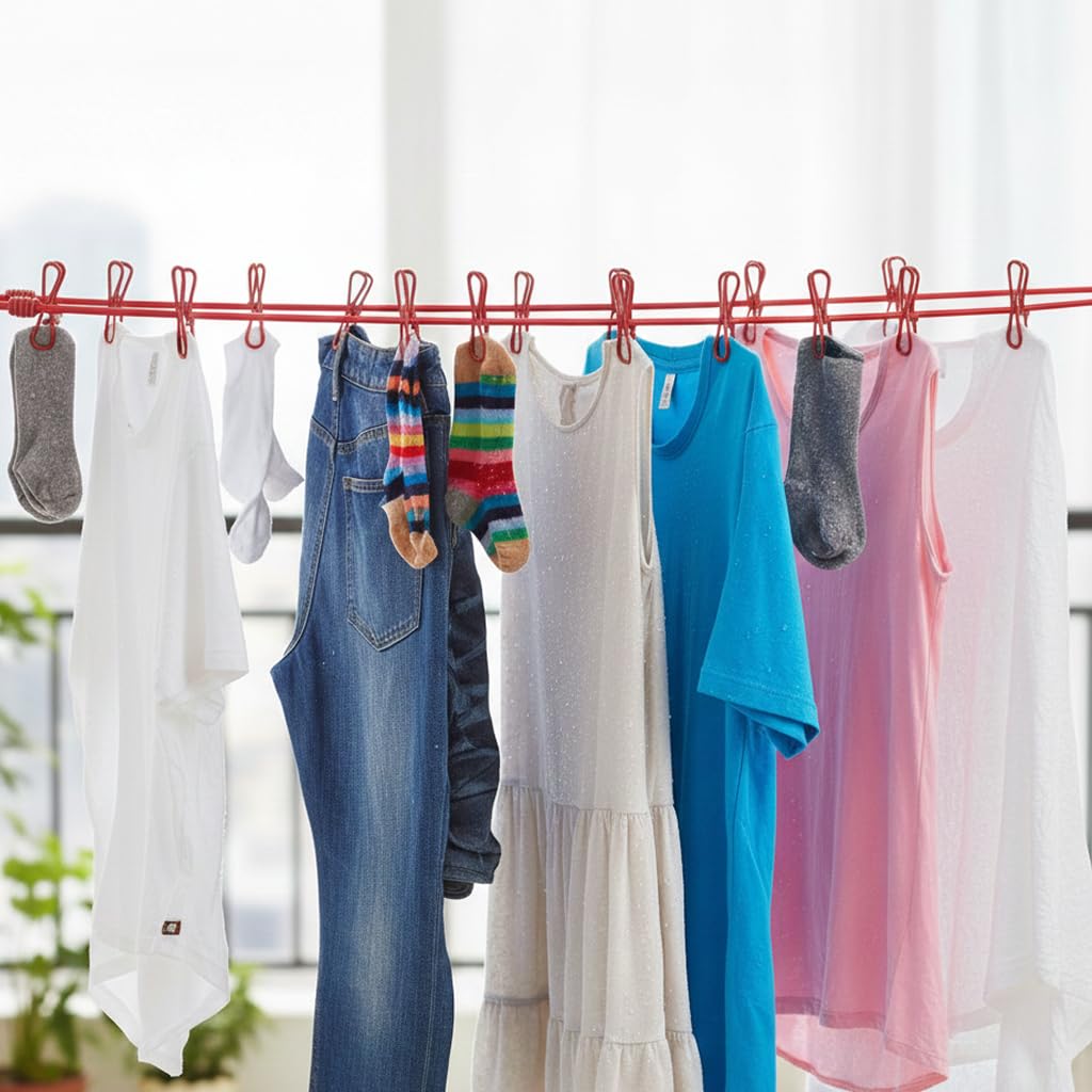 Elastic Clothesline with 12 Clips & Hooks, No-Drill