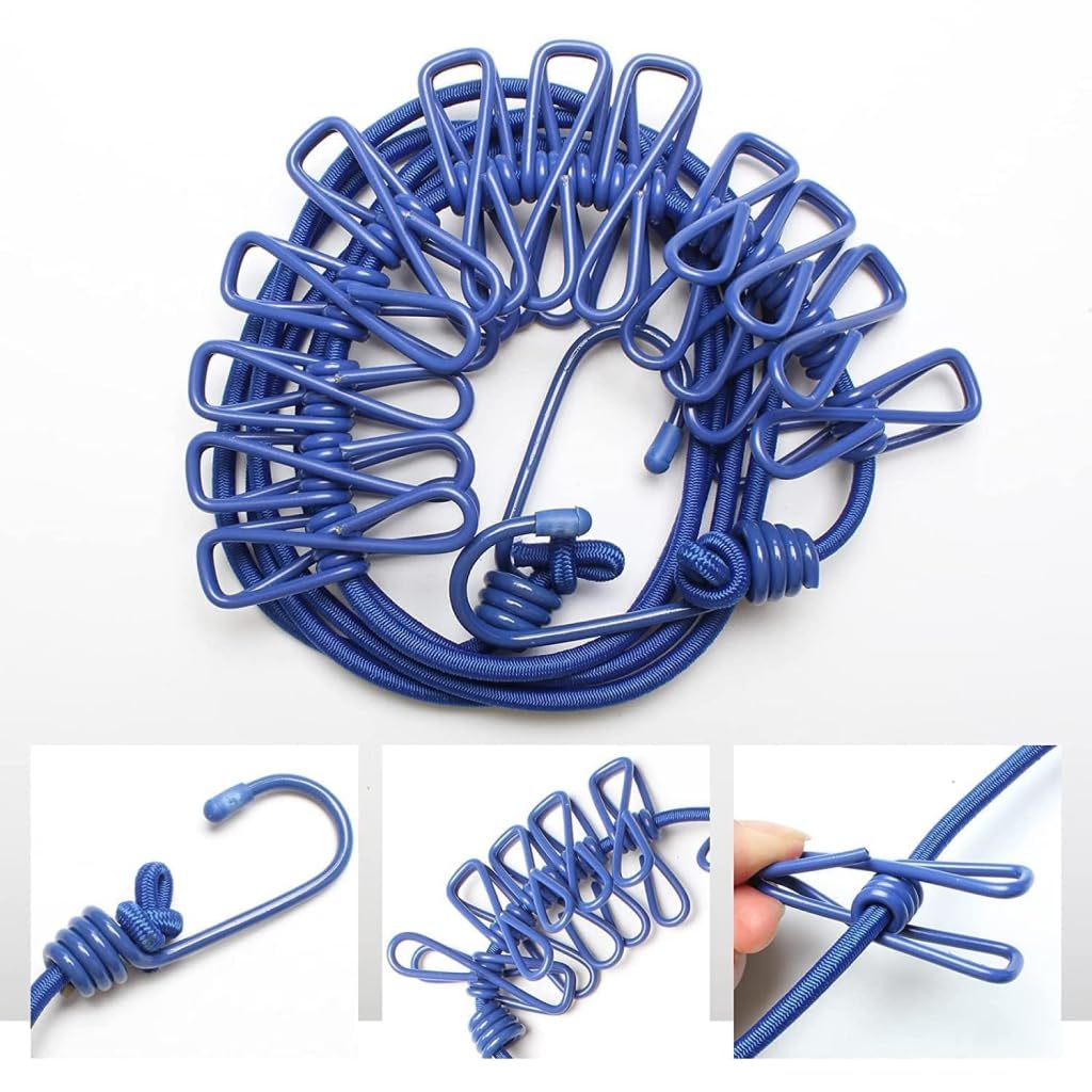 Elastic Clothesline with 12 Clips & Hooks, No-Drill