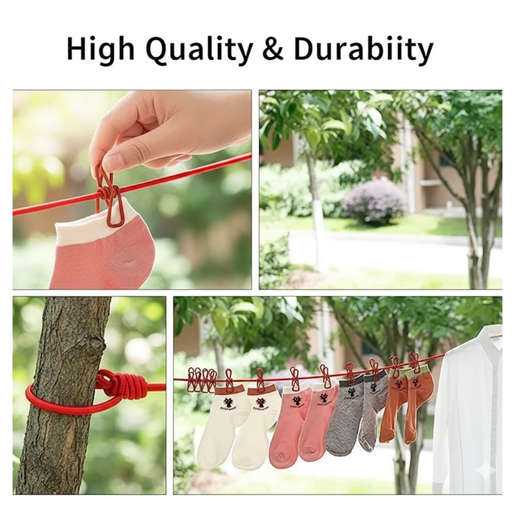 Elastic Clothesline with 12 Clips & Hooks, No-Drill