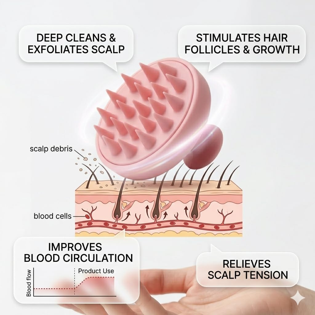 Silicone Scalp Massager Brush with Soft Pink Bristles
