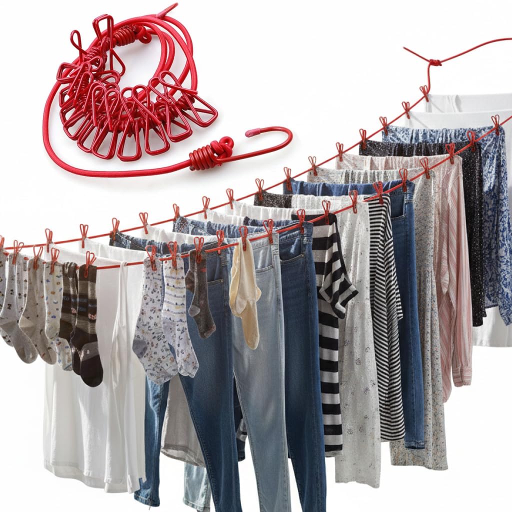 Elastic Clothesline with 12 Clips & Hooks, No-Drill