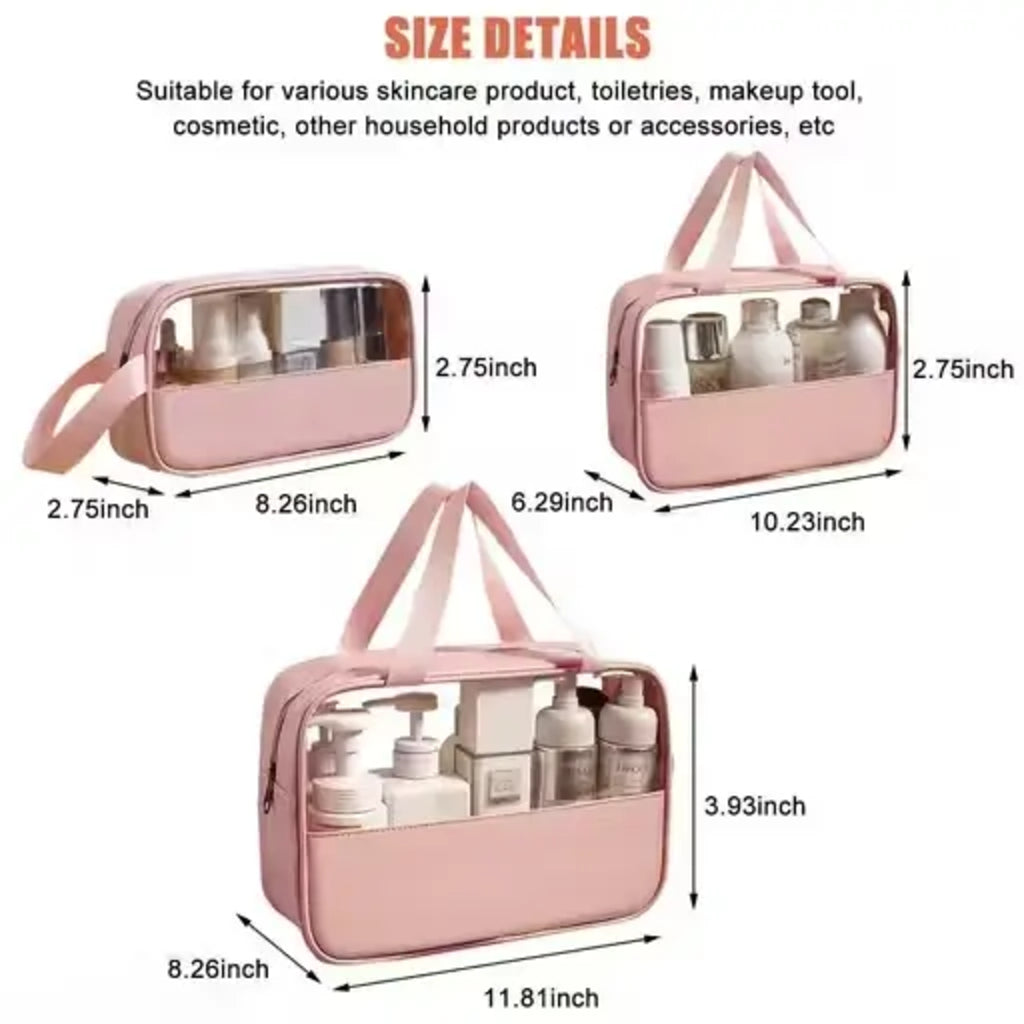 Pack of 3 Makeup Organizer Bags – Travel Waterproof Toiletry Pouches (Rose Pink)