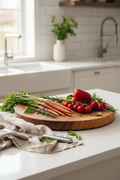 Natural wooden chopping board styled on a bright modern kitchen countertop with fresh vegetables and herbs