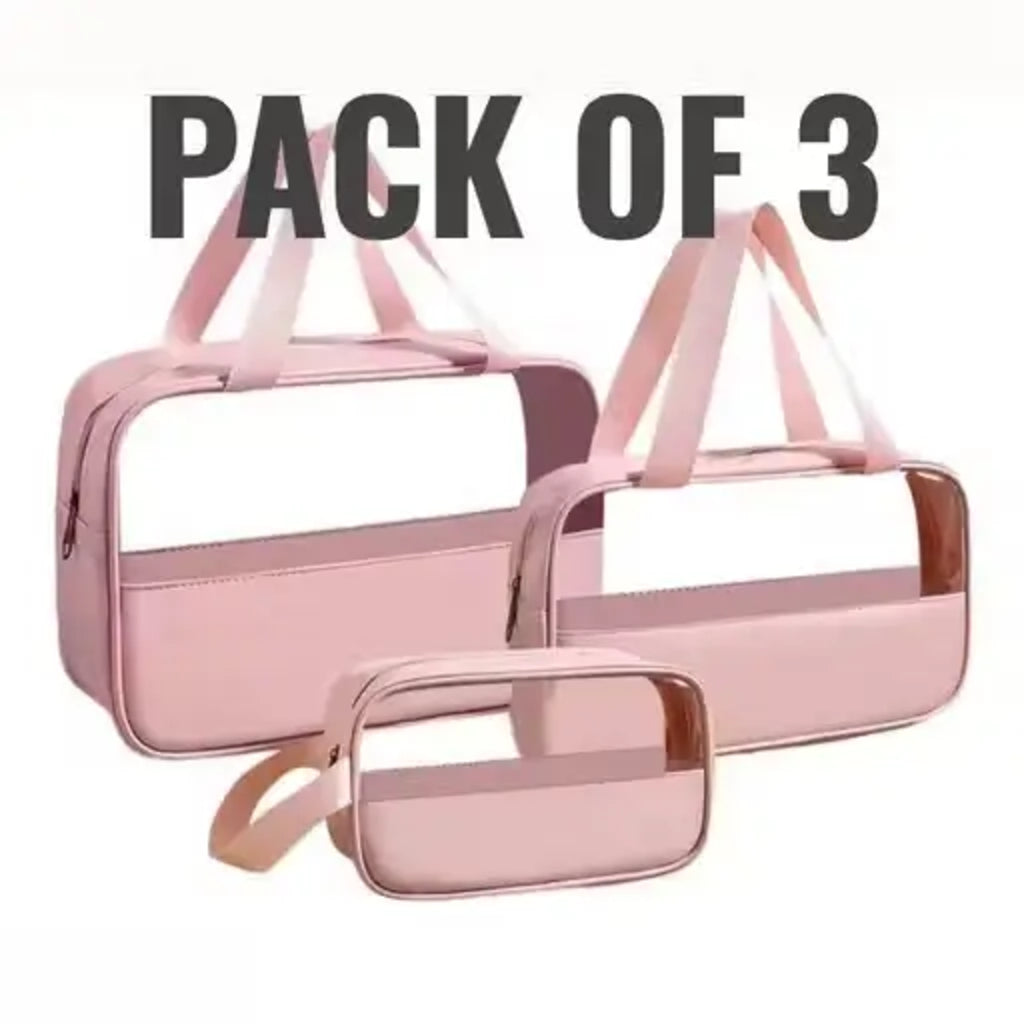 Pack of 3 Makeup Organizer Bags – Travel Waterproof Toiletry Pouches (Rose Pink)